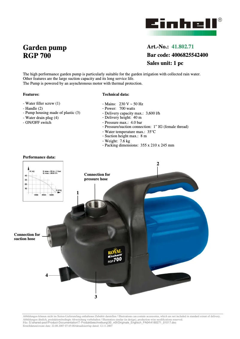 Page n°1 - Manuel utilisateur Einhell Royal RGP 700
