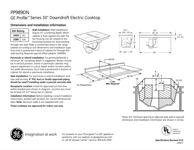 Página 1 del manual Ficha técnica GE Profile PP989TNWW