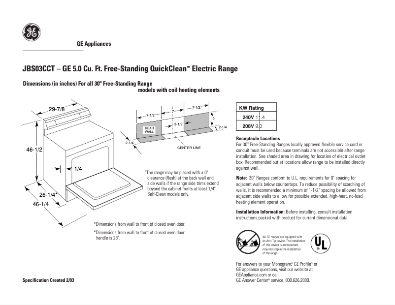 Page n°1 - Fiche technique GE JBS03CCT