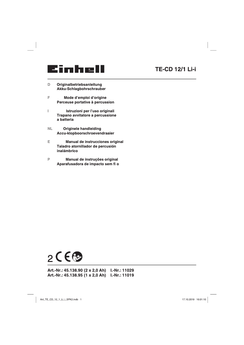 Page n°1 - Manuel utilisateur Einhell TE-CD 12/1 Li-i