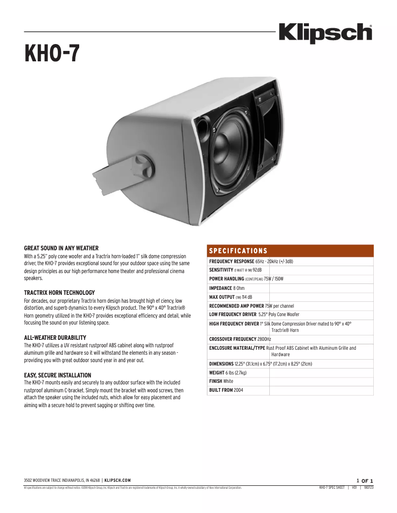 Page n°1 - Fiche technique Klipsch KHO-7