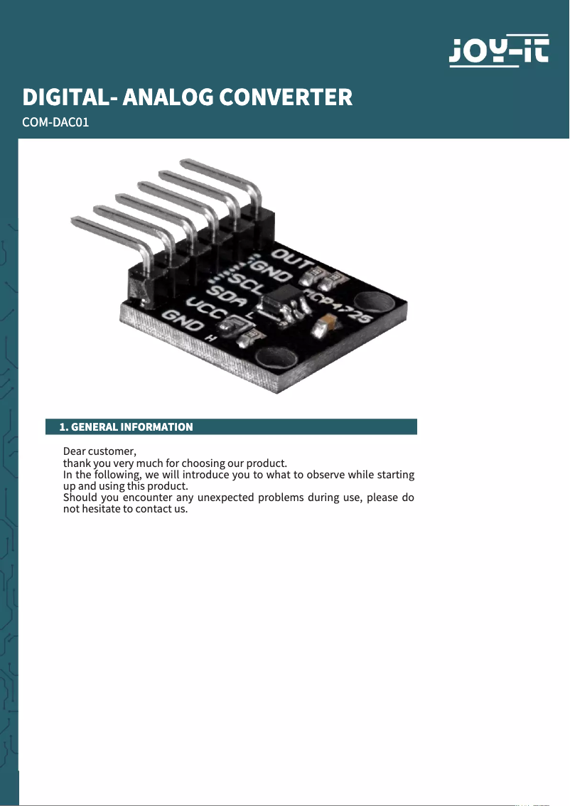 Page 1 de la notice Manuel utilisateur Joy-It COM-DAC01