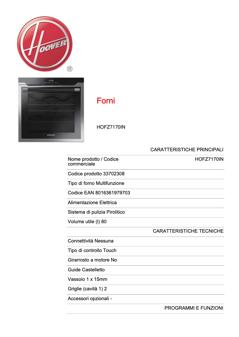 Page 1 de la notice Fiche technique Hoover HOFZ7170IN