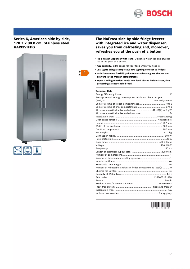 Página 1 del manual Ficha técnica Bosch Serie 6 KAI93VIFPG