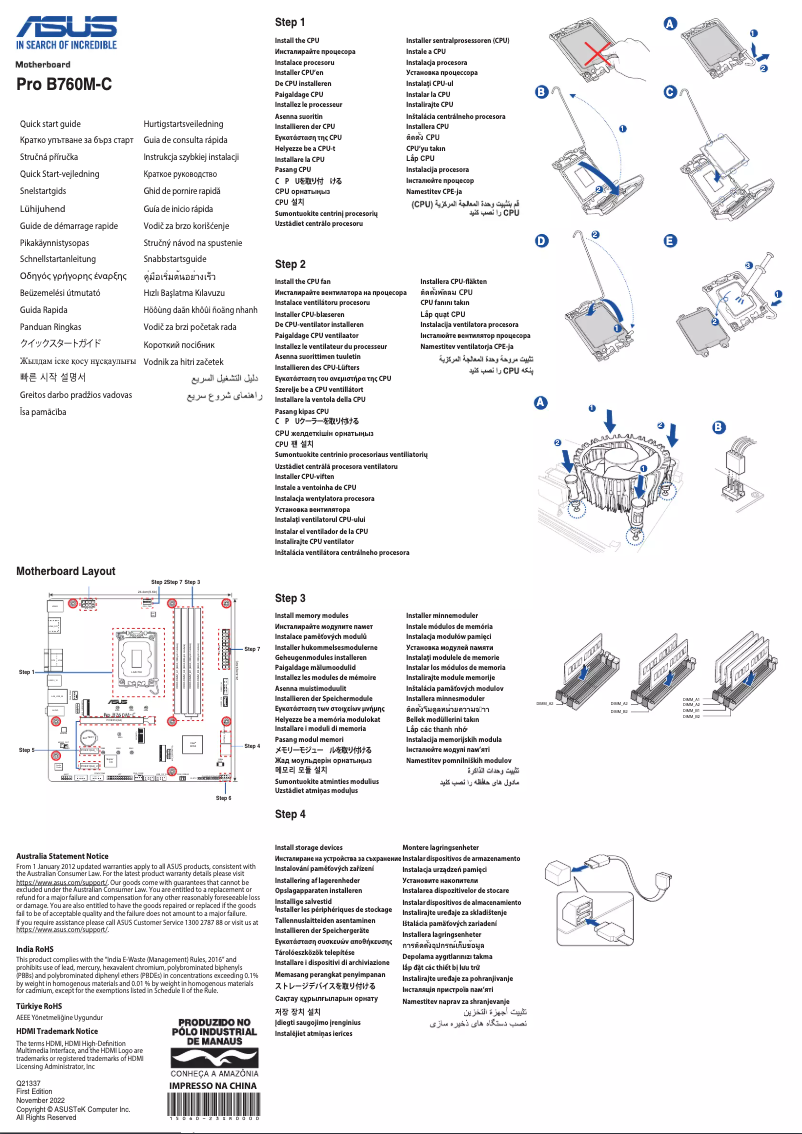 Page 1 de la notice Guide de démarrage rapide Asus Pro B760M-C-CSM
