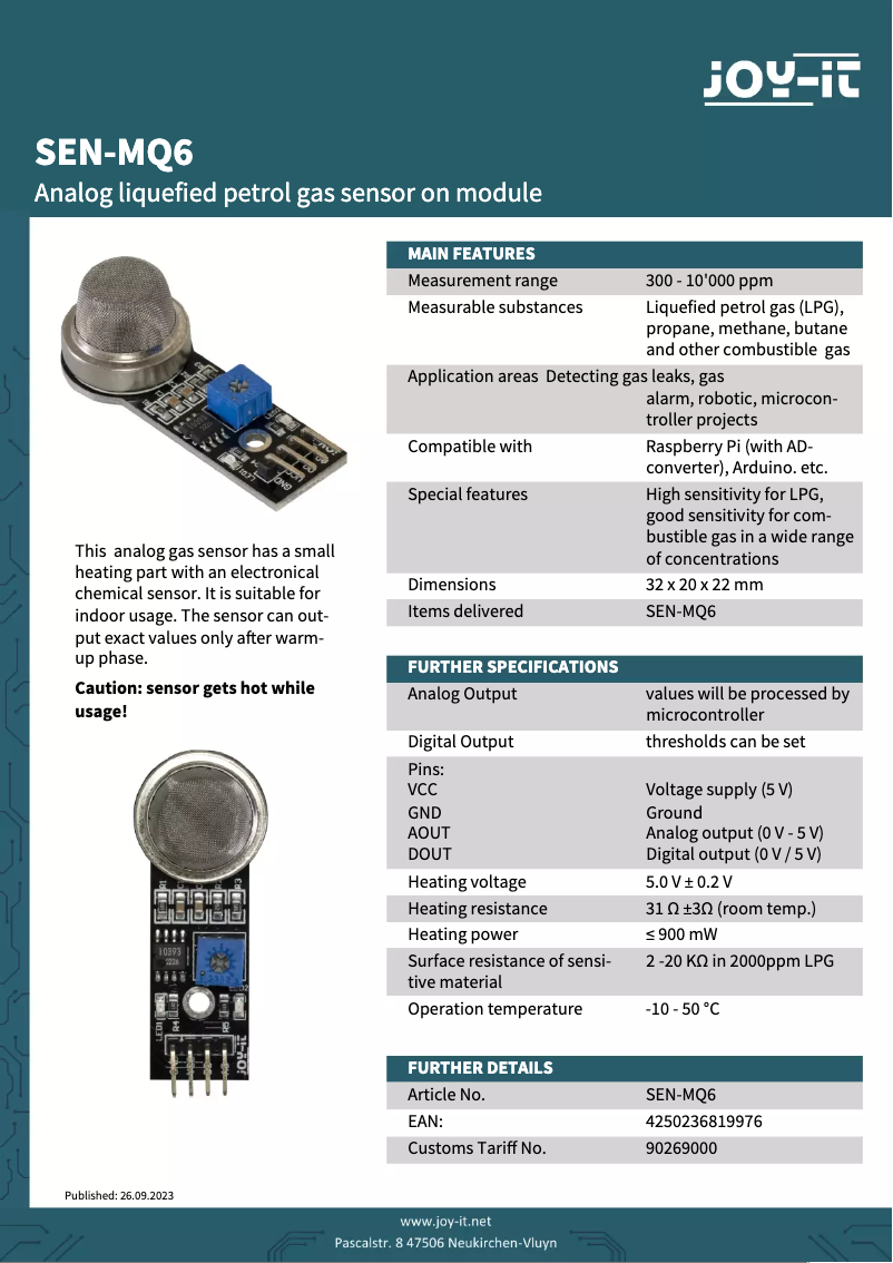 Page n°1 - Fiche technique Joy-It SEN-MQ6