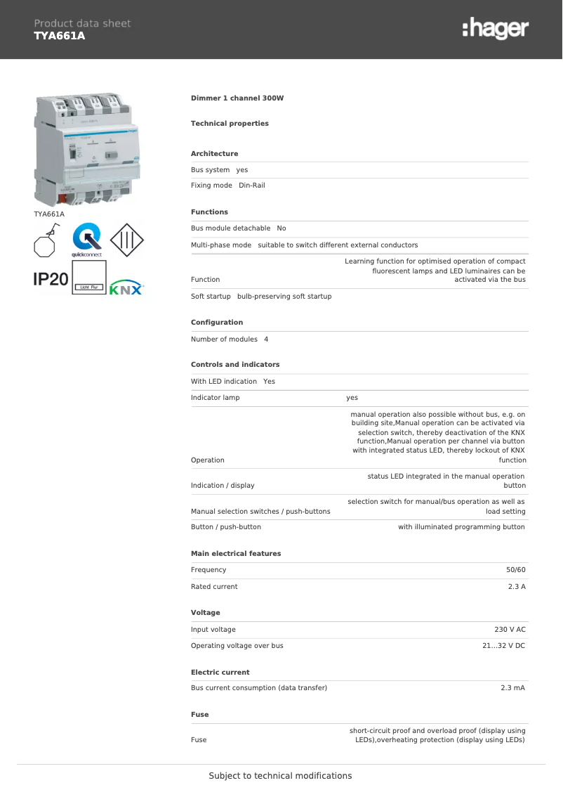 Page 1 de la notice Fiche technique Hager TYA661A