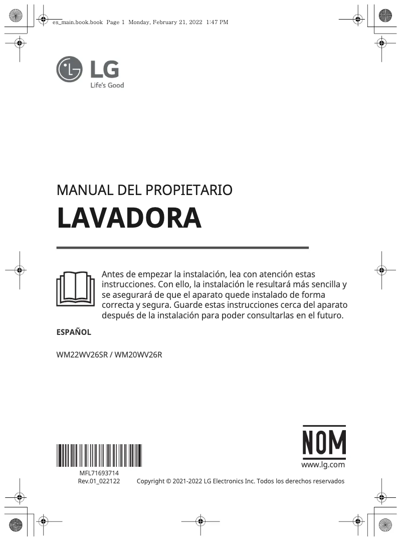 Page 1 de la notice Manuel utilisateur LG WM20WV26R