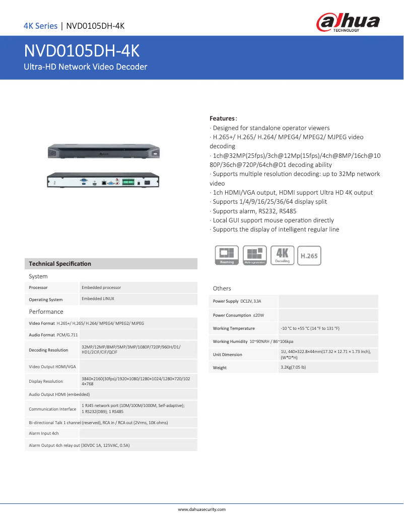 Page 1 de la notice Fiche technique Dahua Technology NVD0105DH-4K