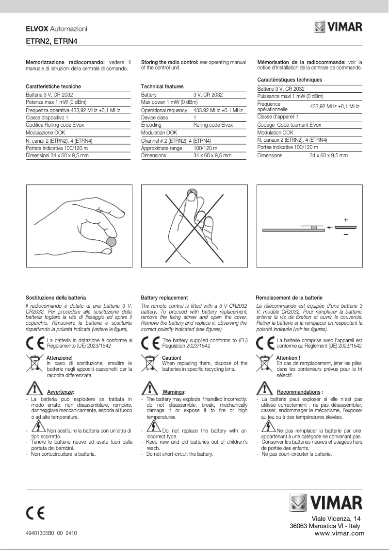 Page 1 de la notice Manuel utilisateur Vimar ELVOX ETRN4