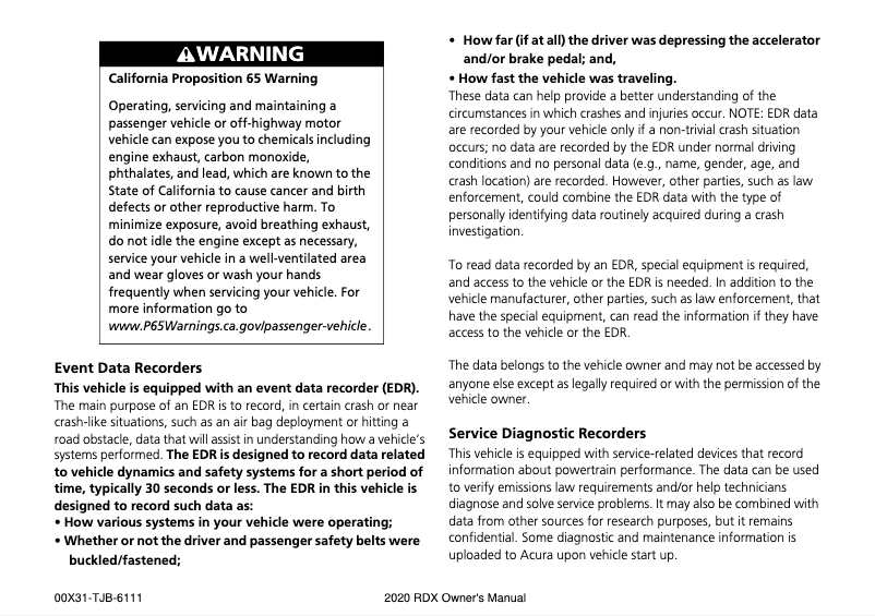 Page 1 de la notice Manuel utilisateur Acura RDX (2020)