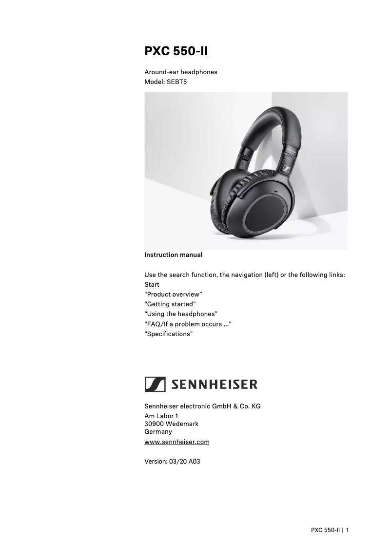 Page 1 de la notice Manuel utilisateur Sennheiser PXC 550-II