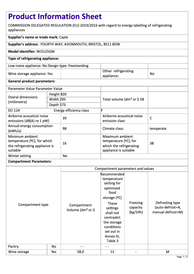 Page 1 de la notice Fiche technique Caple WI3125GM