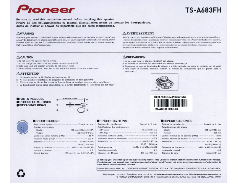 Page n°1 - Manuel utilisateur Pioneer TS-A683FH