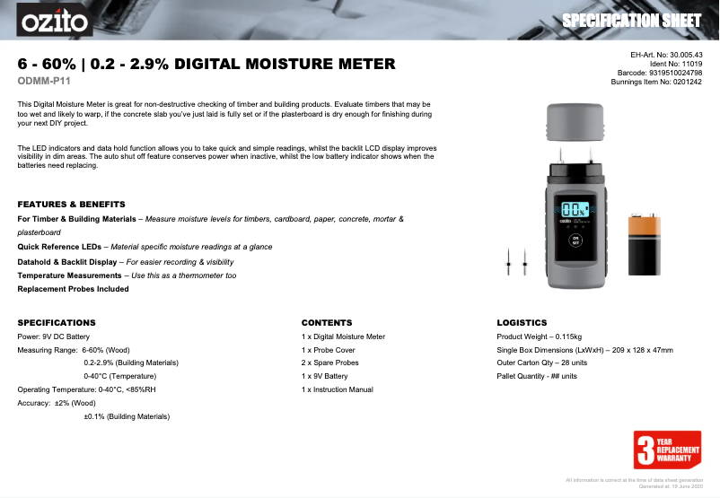 Page n°1 - Fiche technique Ozito ODMM-P11