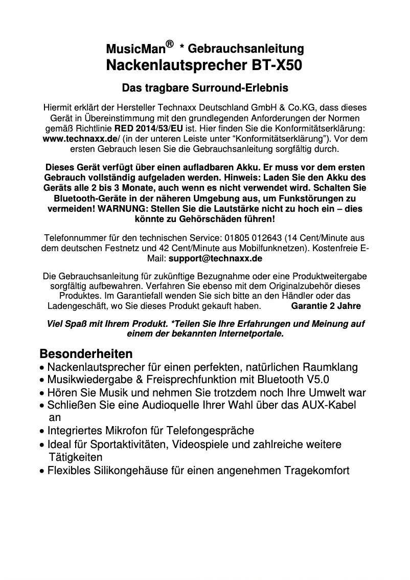 Page n°1 - Manuel utilisateur MusicMan BT-X50