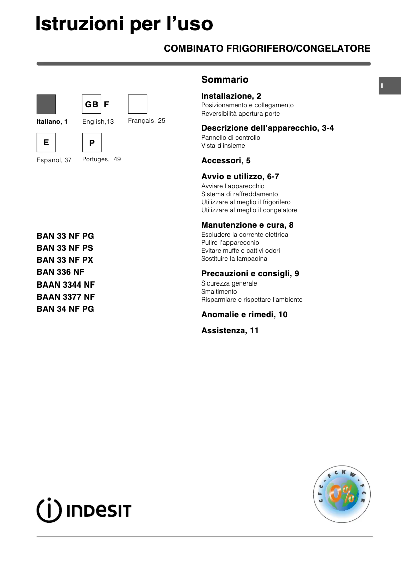 Page 1 de la notice Manuel utilisateur Indesit BAN 33 NF P X (0)