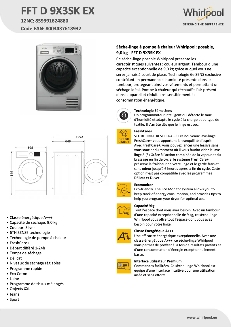 Page n°1 - Fiche technique Whirlpool FFT D 9X3SK EX