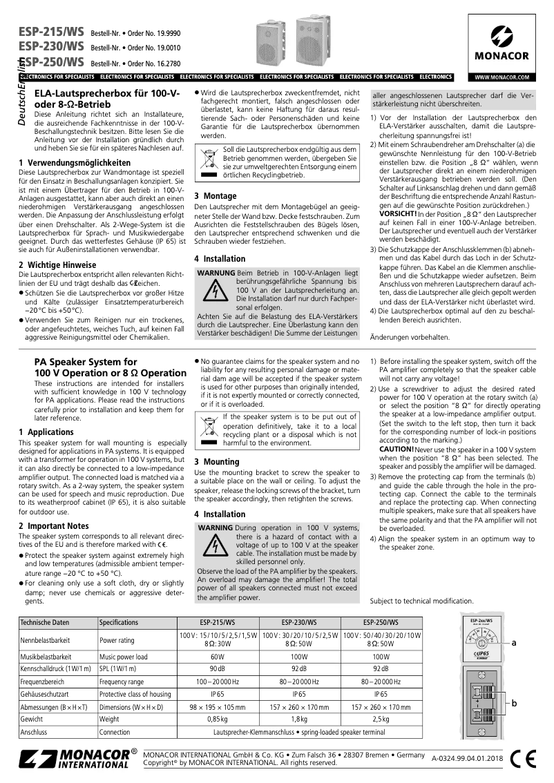 Page 1 de la notice Manuel utilisateur Monacor ESP-250/WS