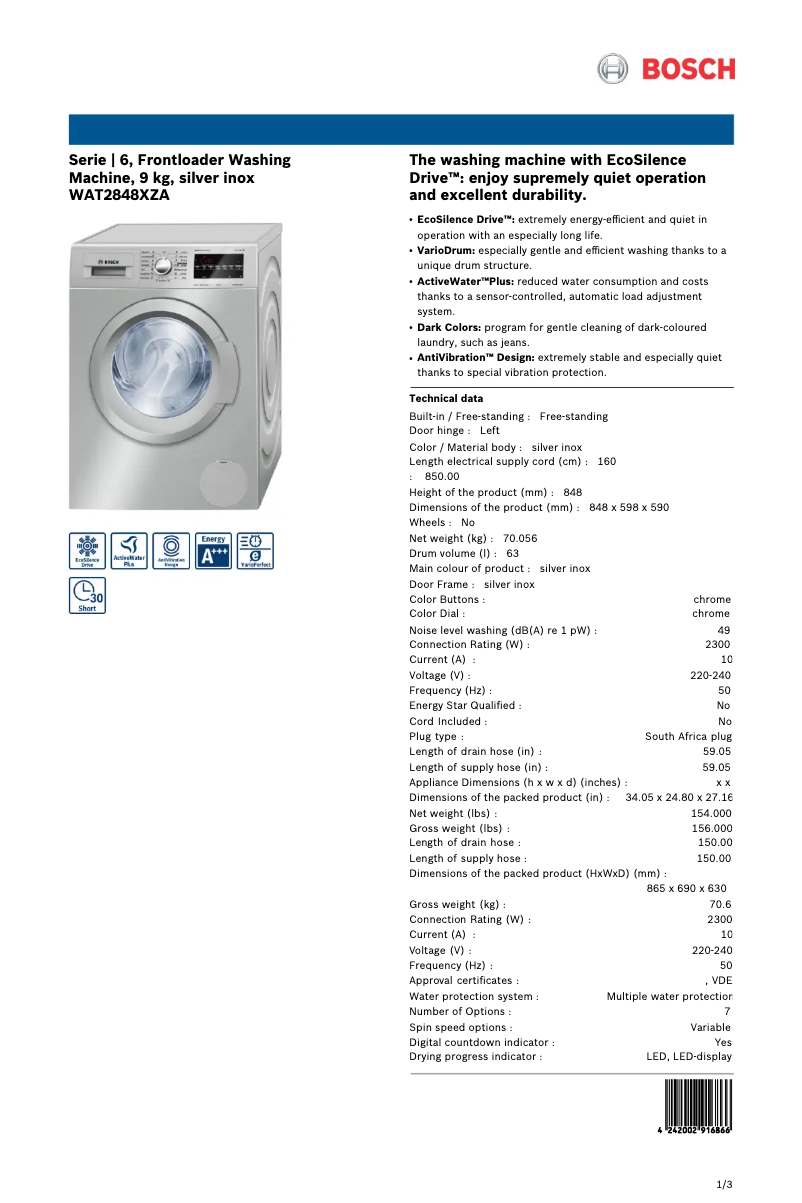 Image de la première page du manuel de l'appareil WAT2848XZA