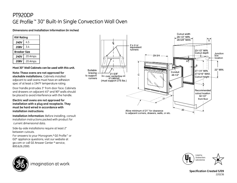 Page n°1 - Fiche technique GE Profile PT920DPBB