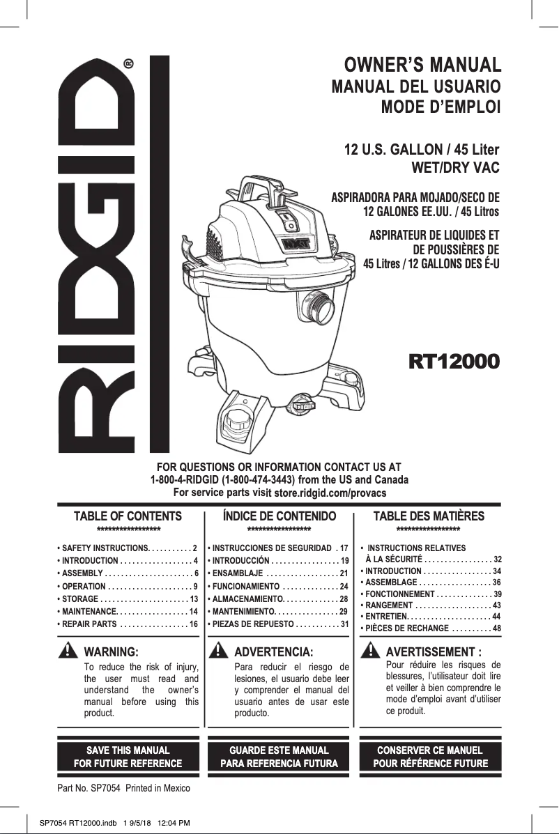 Página 1 del manual Manual de usuario Ridgid RT1200