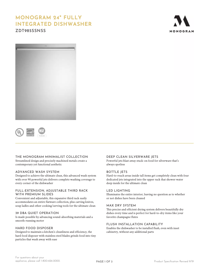 Page n°1 - Fiche technique Monogram ZDT985SPNSS