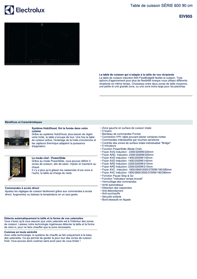 Page 1 de la notice Fiche technique Electrolux EIV955
