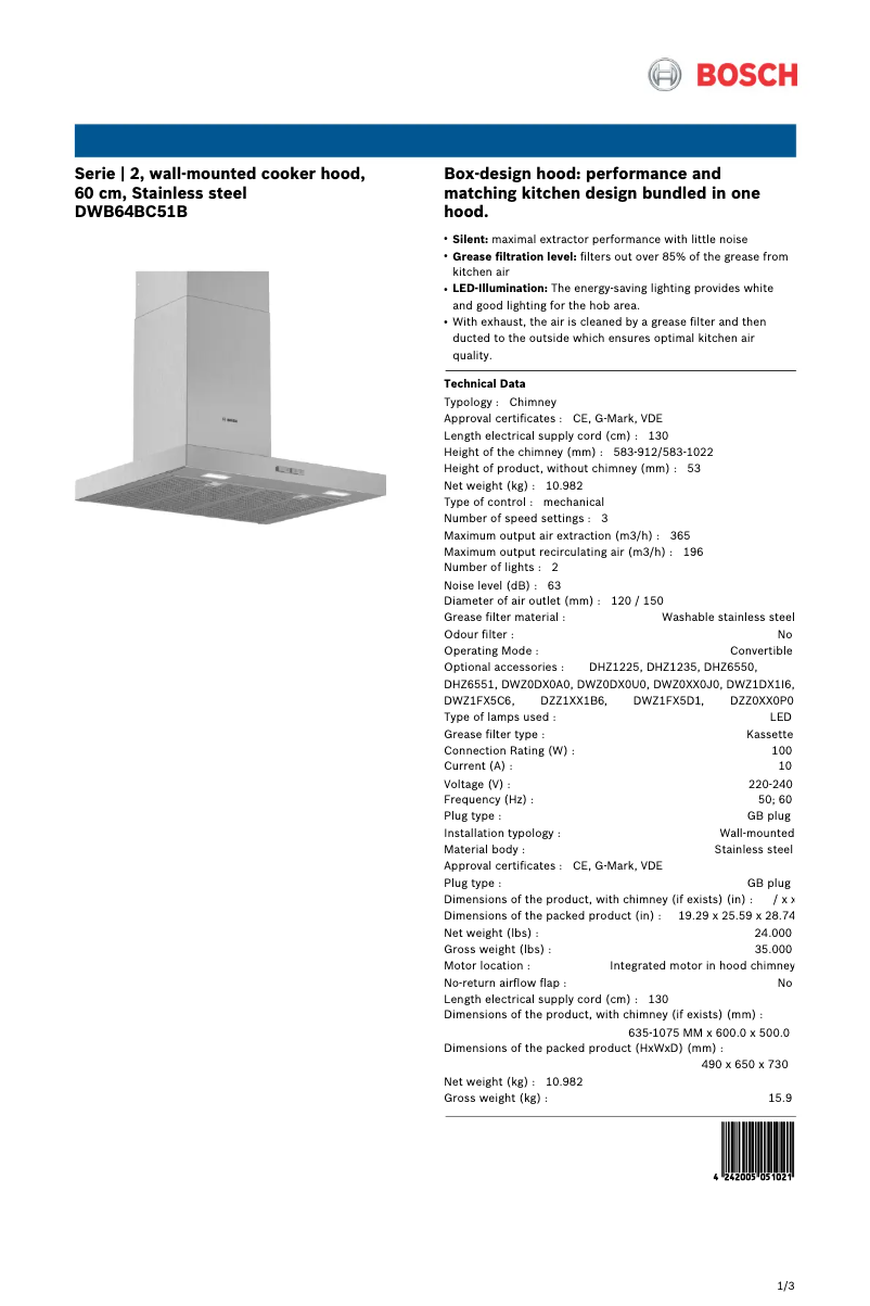 Page 1 de la notice Fiche technique Bosch DWB64BC51B
