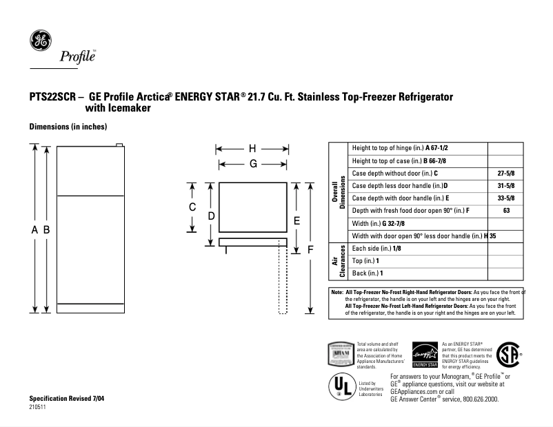 Page n°1 - Fiche technique GE Profile PTS22SCRBS