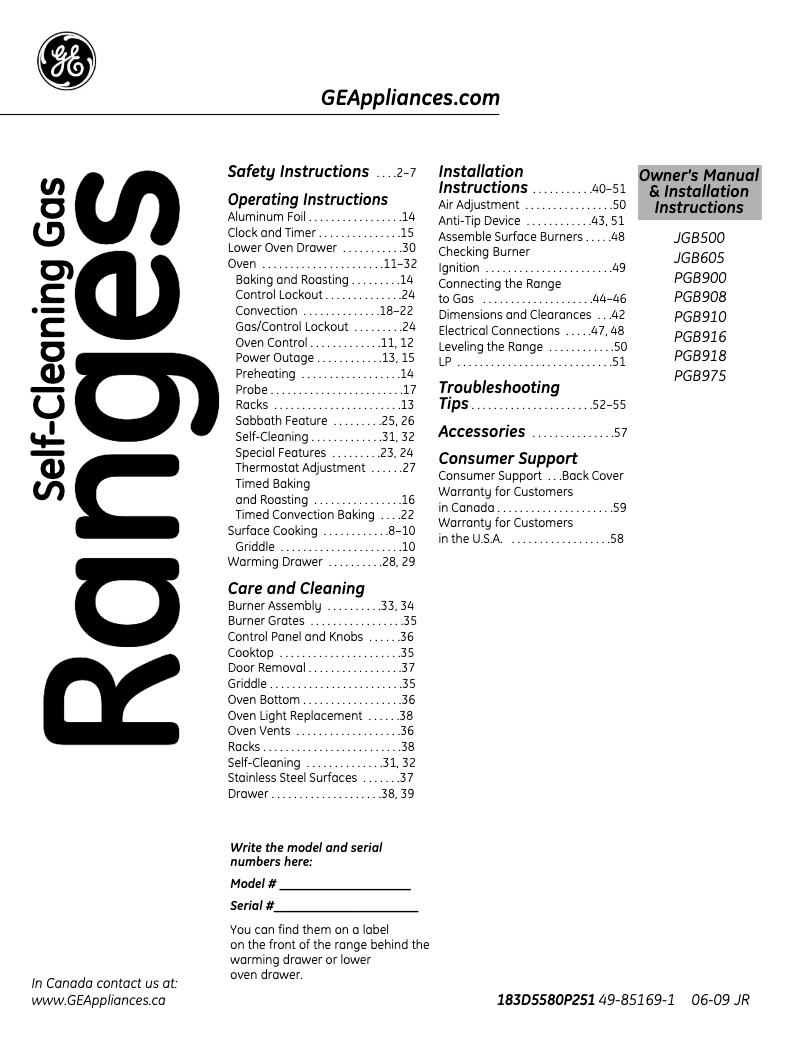 Page n°1 - Manuel d'utilisation et d'entretien GE Profile PGB975SEMSS