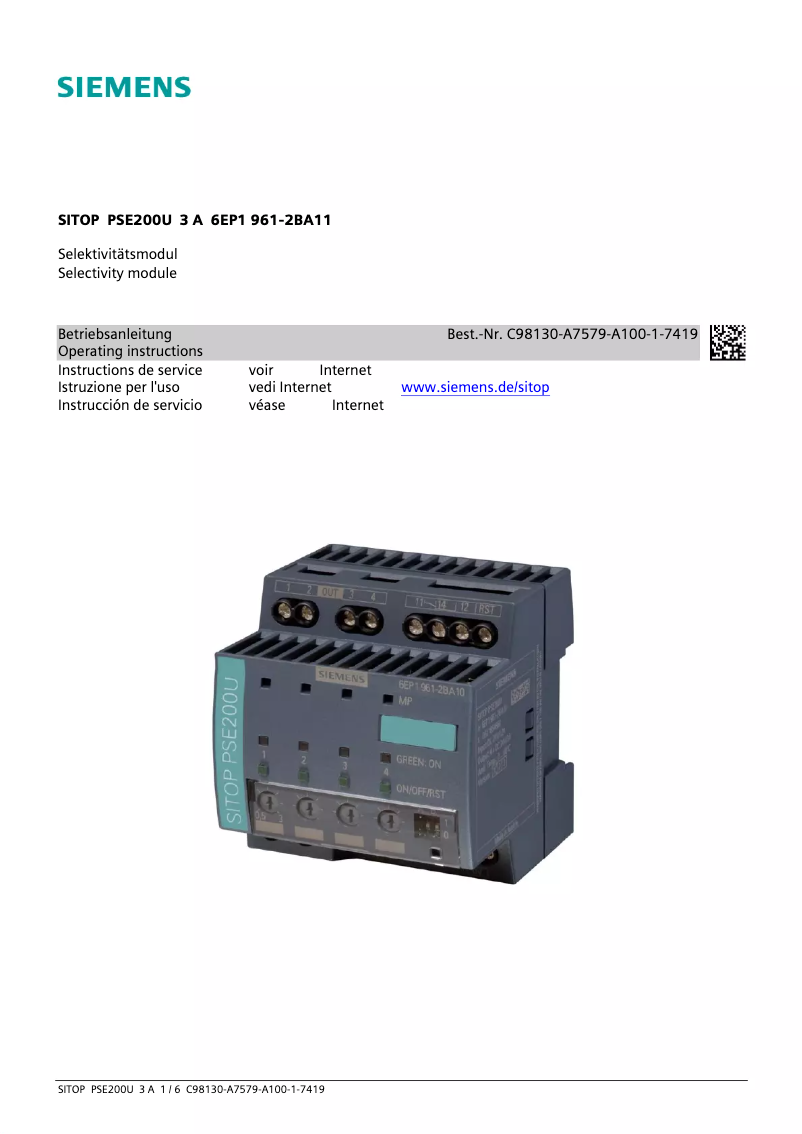 Page 1 de la notice Manuel utilisateur Siemens SITOP  PSE200U