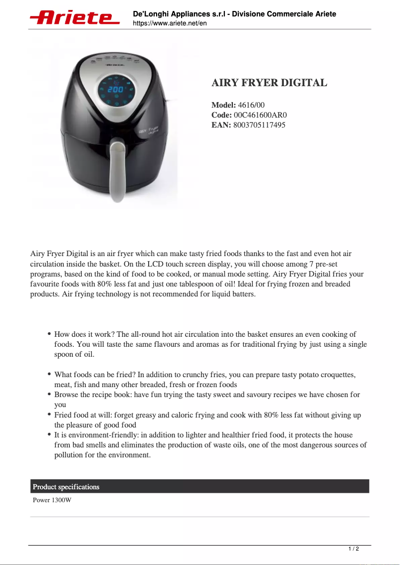 Image de la première page du manuel de l'appareil Airy Fryer Digital 4616