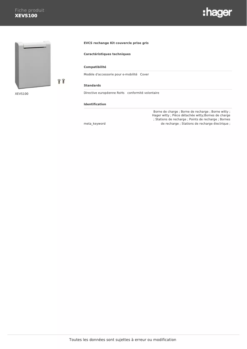 Page n°1 - Fiche technique Hager XEVS100