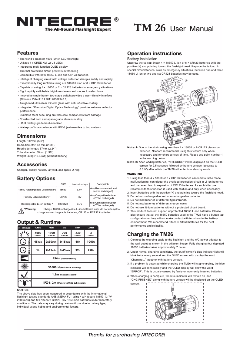 Page n°1 - Manuel utilisateur Nitecore TM26