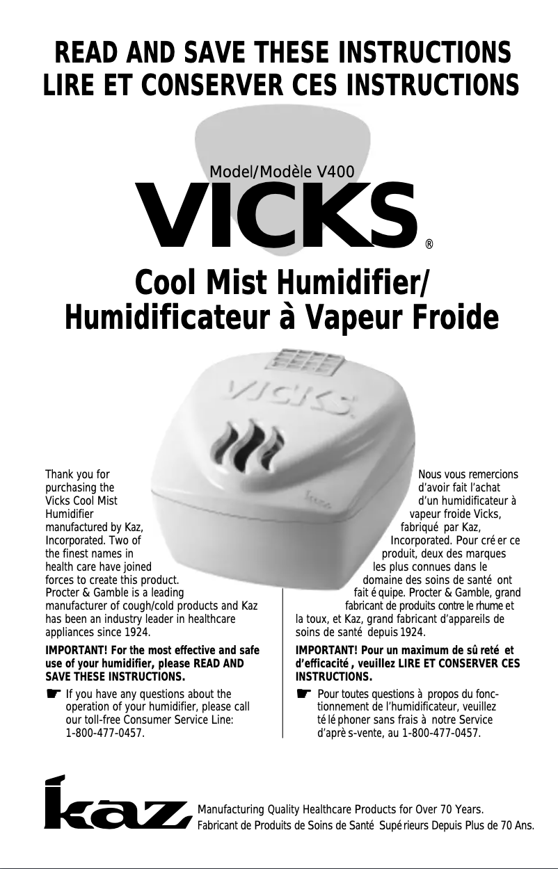 Page 1 de la notice Manuel utilisateur Vicks Cool Mist V400