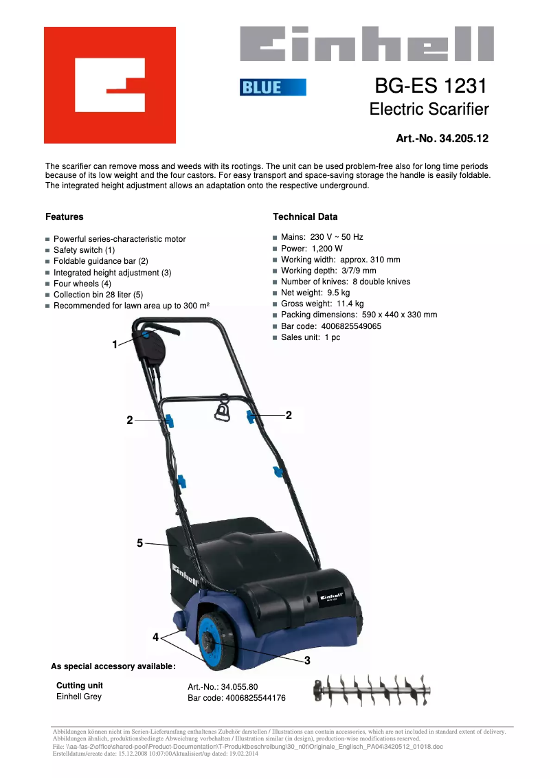 Page n°1 - Fiche technique Einhell BG-ES 1231