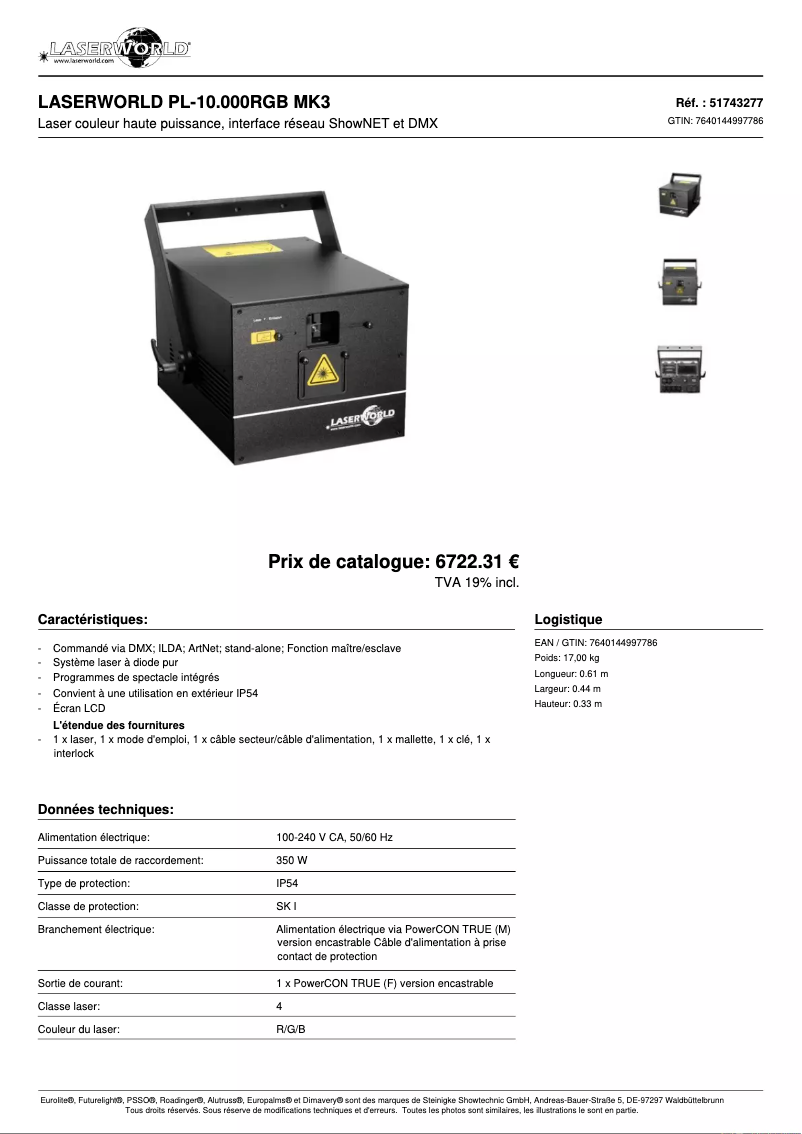 Page 1 de la notice Fiche technique Laserworld PL-10 MK3