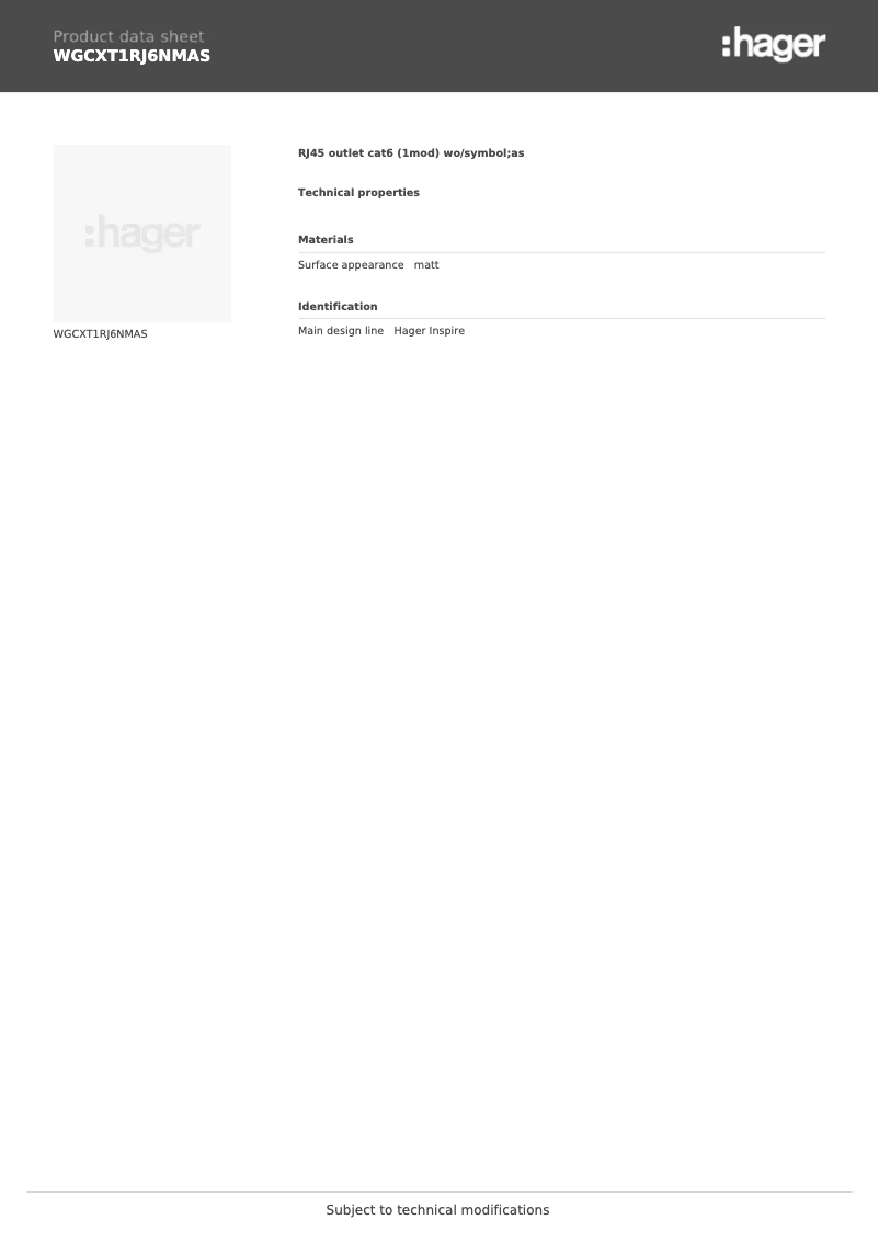 Page n°1 - Fiche technique Hager WGCXT1RJ6NMAS