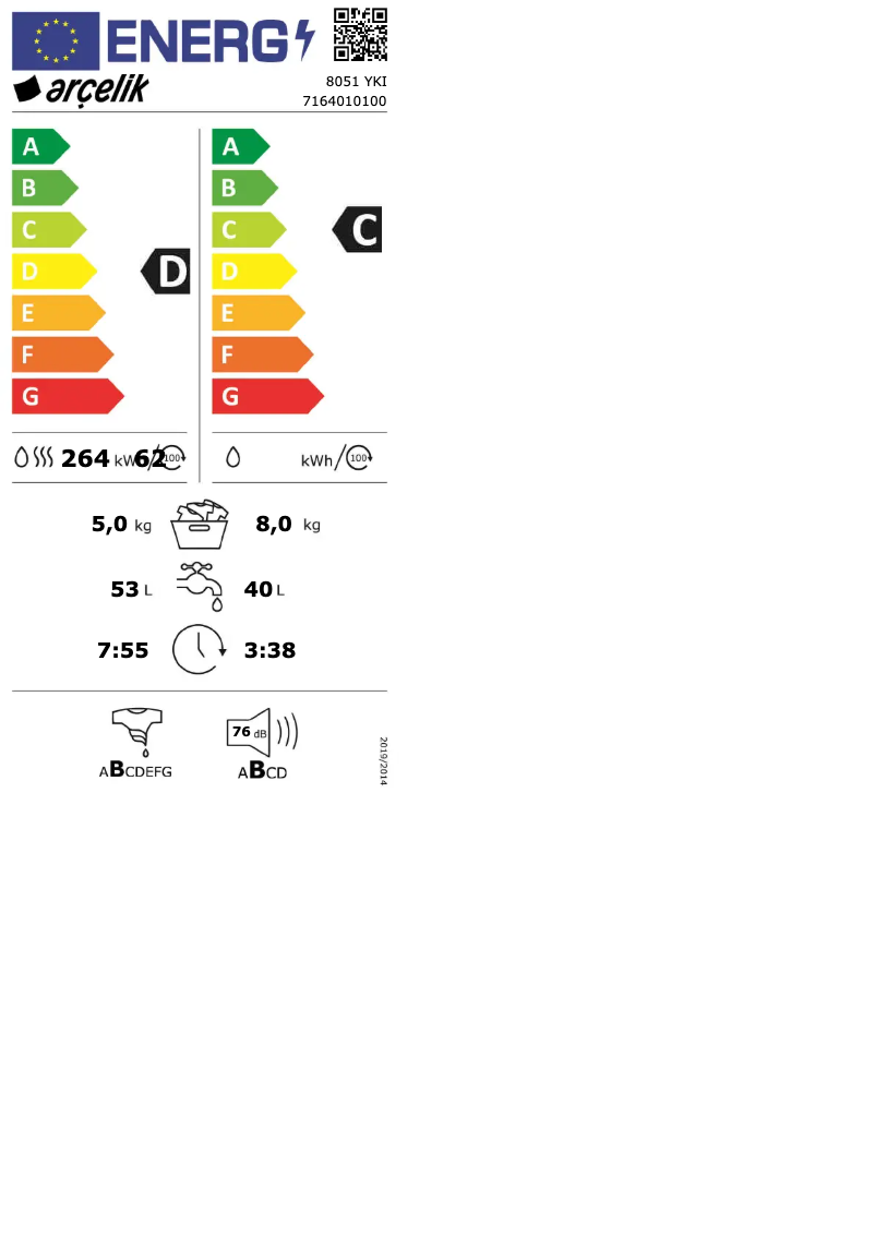 Page 1 de la notice Label énergétique Arçelik 8051 YKI