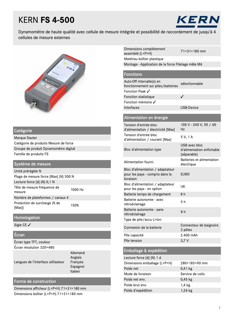 Page 1 de la notice Fiche technique Kern FS 4-500