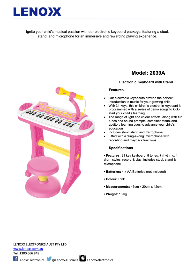 Page 1 de la notice Fiche technique Lenoxx 2039