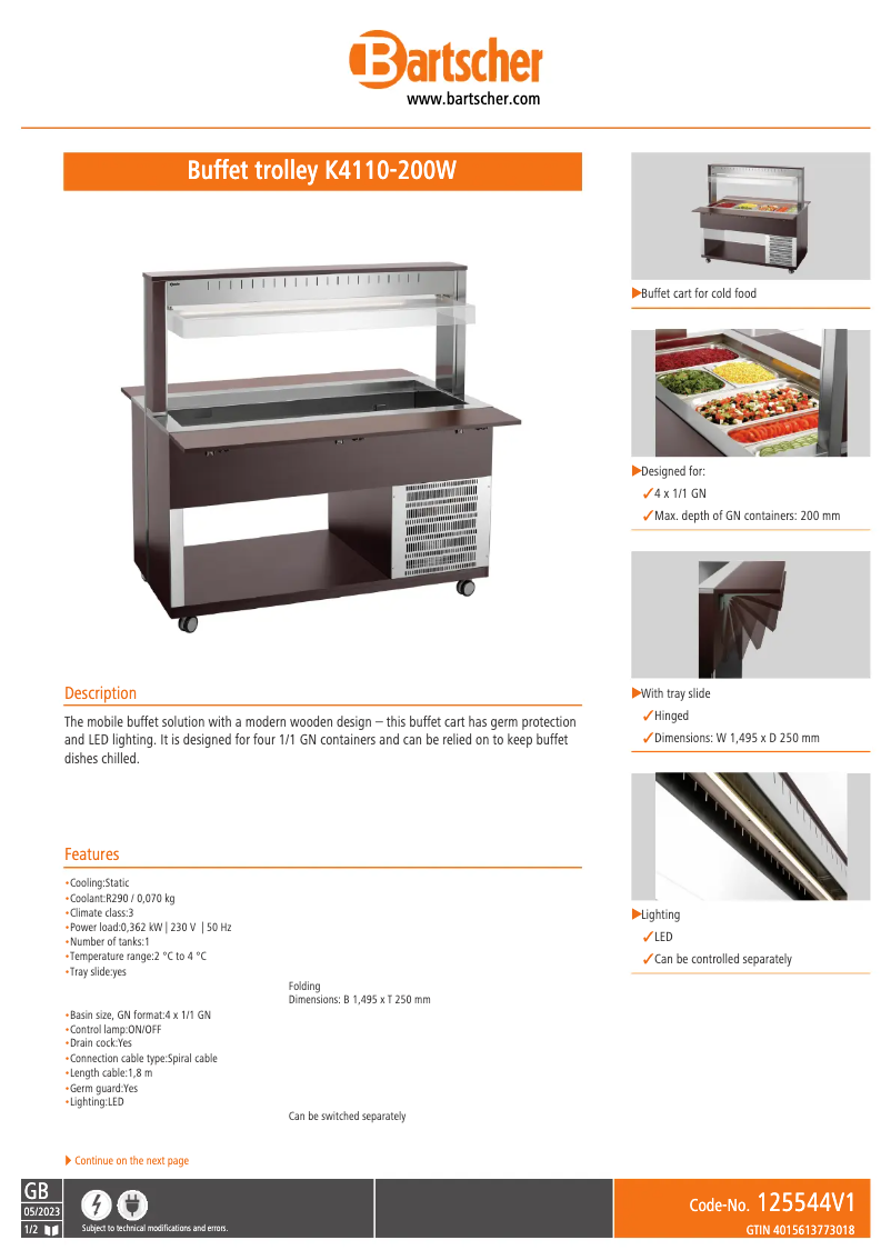 Page 1 de la notice Fiche technique Bartscher K4110-200W