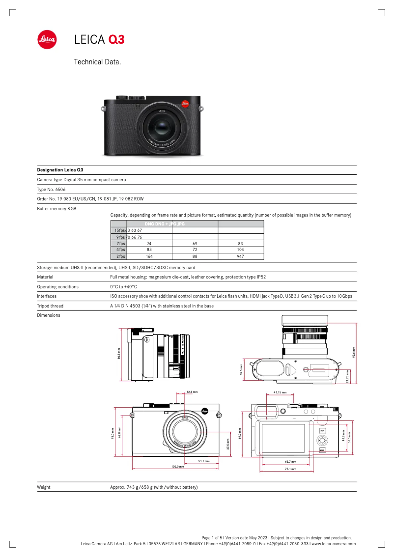 Page 1 de la notice Fiche technique Leica Q3