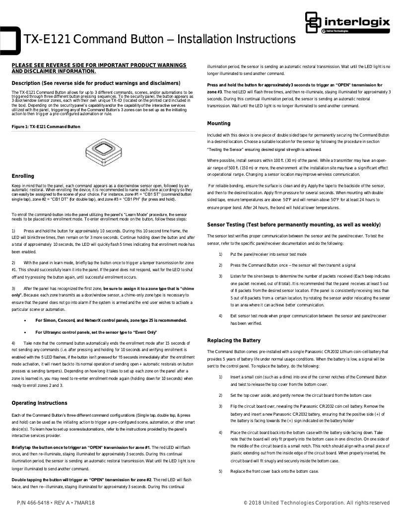 Page n°1 - Manuel utilisateur Interlogix TX-E121