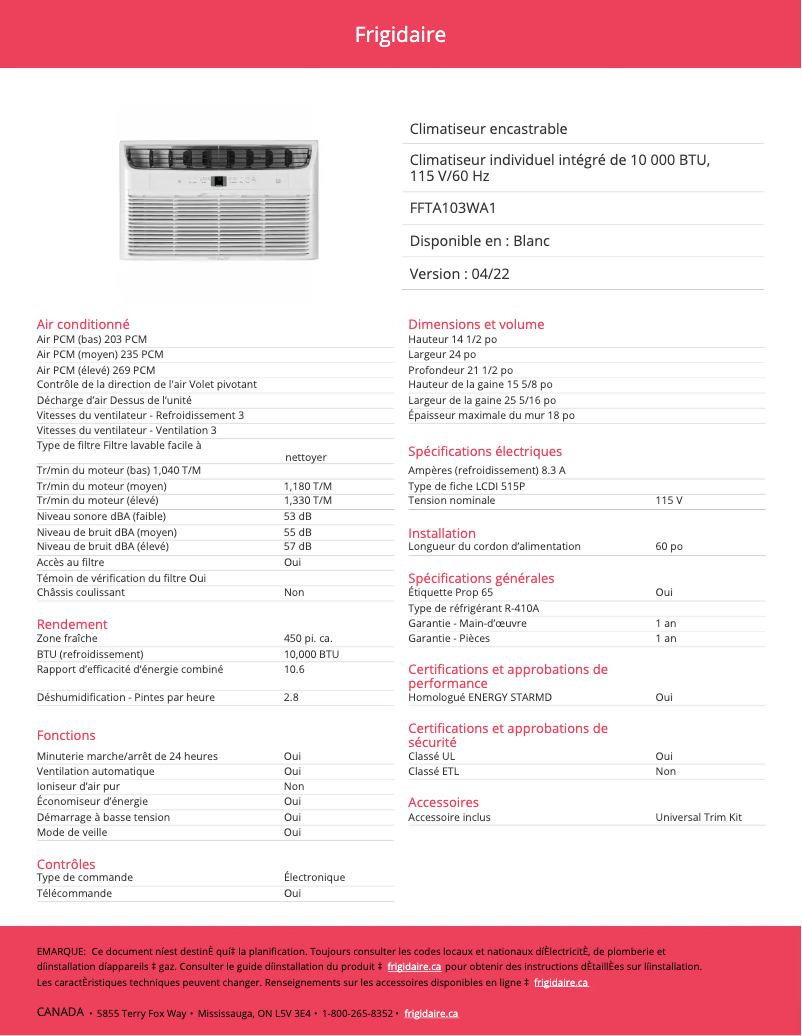 Image de la première page du manuel de l'appareil FFTA103WA1