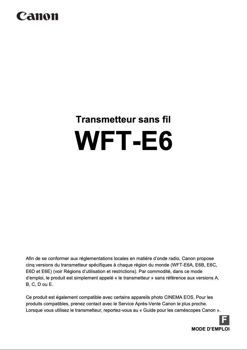 Page 1 de la notice Manuel utilisateur Canon WFT-E6