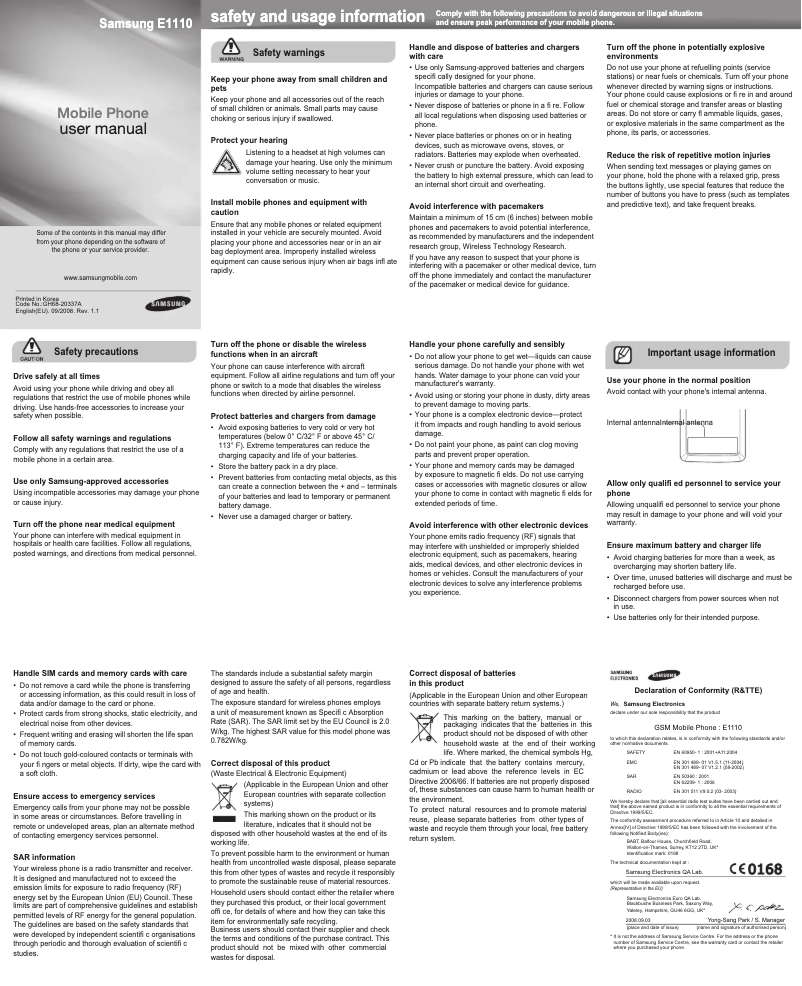 Page n°1 - Manuel utilisateur Samsung GT-E1110