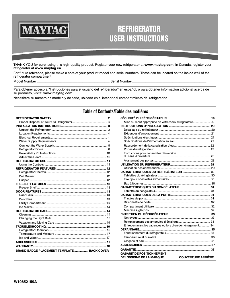 Page n°1 - Manuel utilisateur Maytag MRT118FFFM