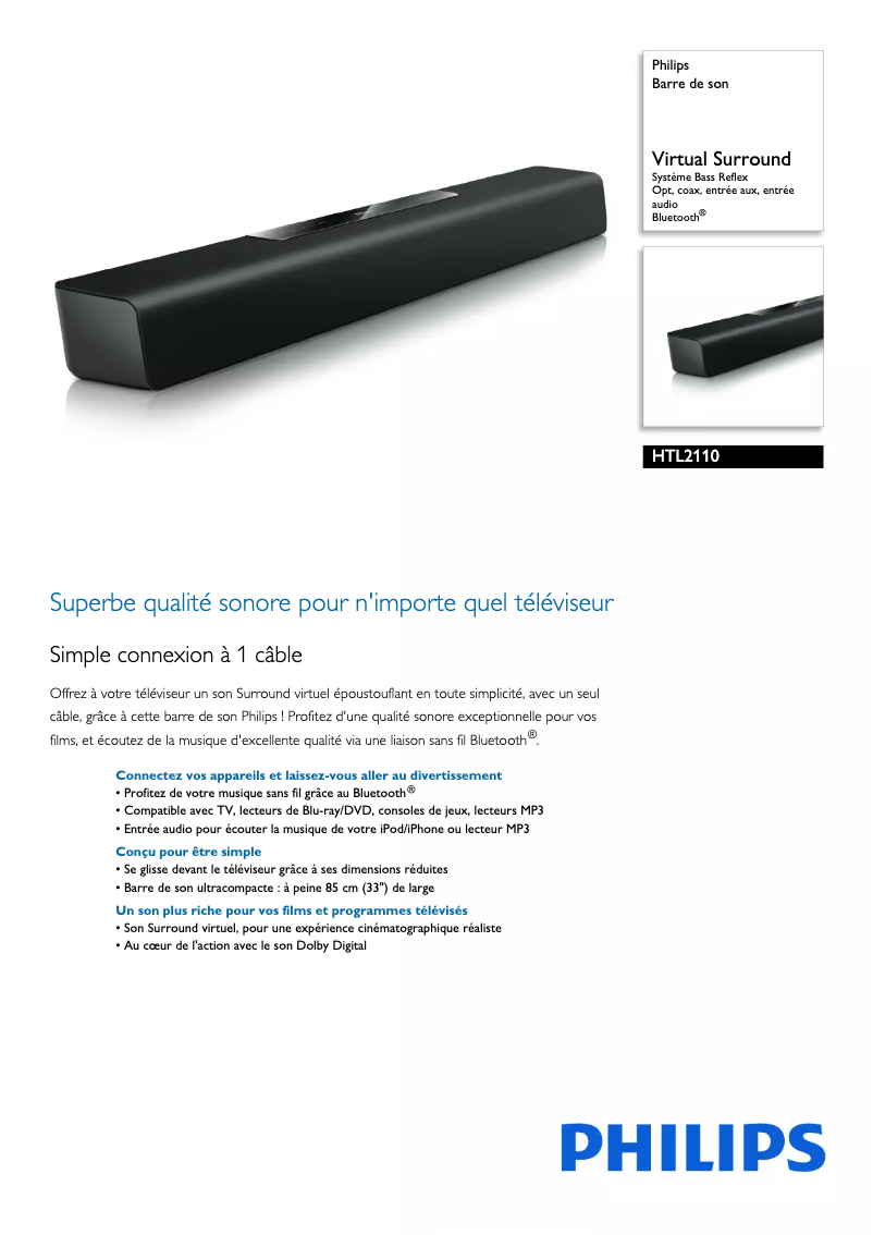 Page 1 de la notice Fiche technique Philips HTL2110